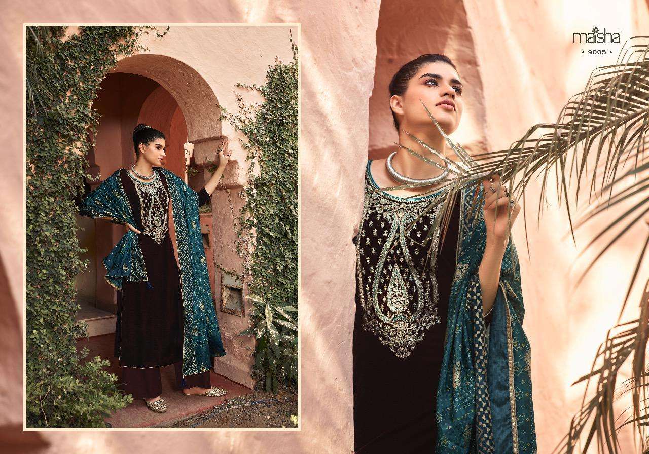 SWARAGINI BY MAISHA 9001 TO 9006 SERIES DESIGNER SUITS BEAUTIFUL STYLISH FANCY COLORFUL PARTY WEAR & OCCASIONAL WEAR FALKON VELVET DRESSES AT WHOLESALE PRICE