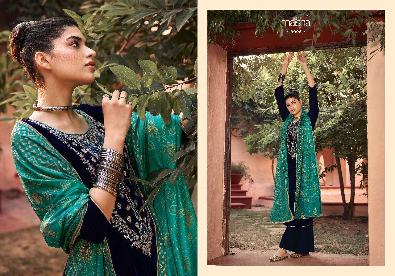 SWARAGINI BY MAISHA 9001 TO 9006 SERIES DESIGNER SUITS BEAUTIFUL STYLISH FANCY COLORFUL PARTY WEAR & OCCASIONAL WEAR FALKON VELVET DRESSES AT WHOLESALE PRICE