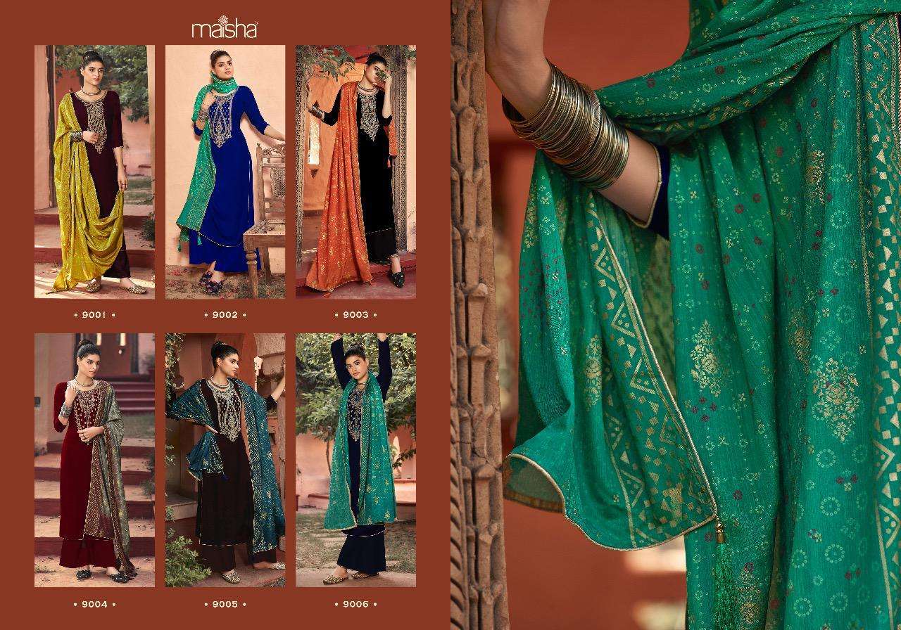 SWARAGINI BY MAISHA 9001 TO 9006 SERIES DESIGNER SUITS BEAUTIFUL STYLISH FANCY COLORFUL PARTY WEAR & OCCASIONAL WEAR FALKON VELVET DRESSES AT WHOLESALE PRICE