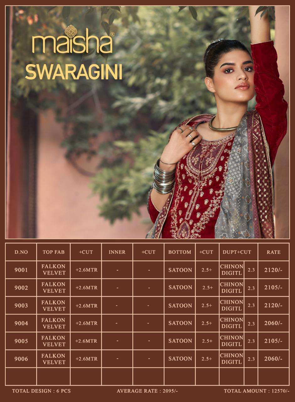 SWARAGINI BY MAISHA 9001 TO 9006 SERIES DESIGNER SUITS BEAUTIFUL STYLISH FANCY COLORFUL PARTY WEAR & OCCASIONAL WEAR FALKON VELVET DRESSES AT WHOLESALE PRICE