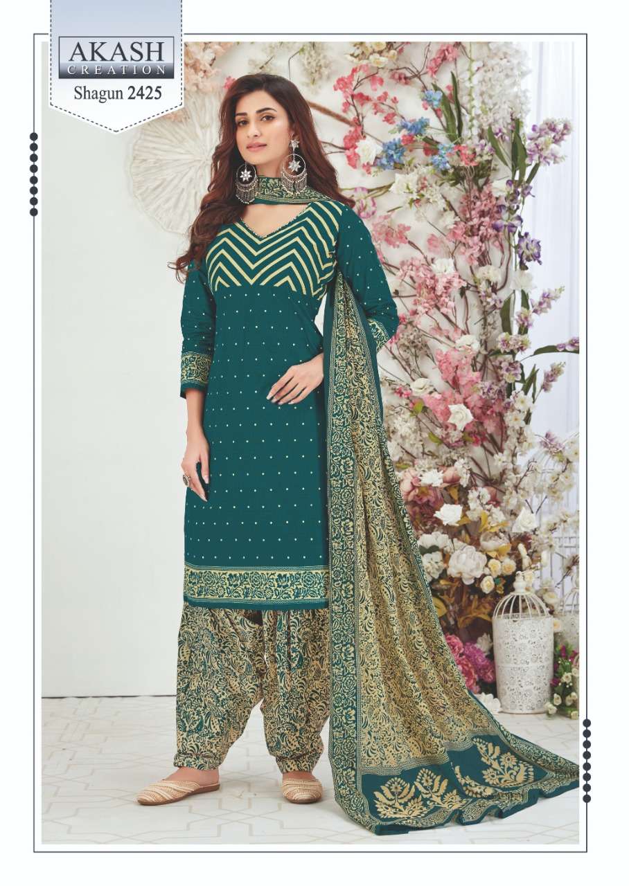 SHAGUN VOL-24 BY AKASH CREATION 2401 TO 2425 SERIES BEAUTIFUL SUITS STYLISH FANCY COLORFUL PARTY WEAR & OCCASIONAL WEAR COTTON PRINTED DRESSES AT WHOLESALE PRICE