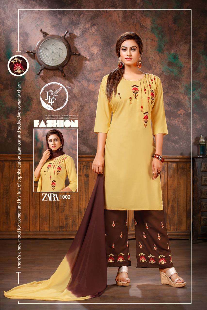 ZARA BY JLF 1001 TO 1010 SERIES BEAUTIFUL SUITS STYLISH FANCY COLORFUL PARTY WEAR & OCCASIONAL WEAR RAYON 14 KG WITH EMBROIDERY DRESSES AT WHOLESALE PRICE