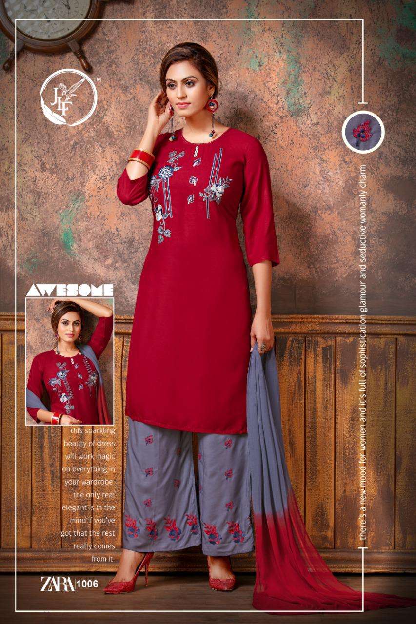 ZARA BY JLF 1001 TO 1010 SERIES BEAUTIFUL SUITS STYLISH FANCY COLORFUL PARTY WEAR & OCCASIONAL WEAR RAYON 14 KG WITH EMBROIDERY DRESSES AT WHOLESALE PRICE