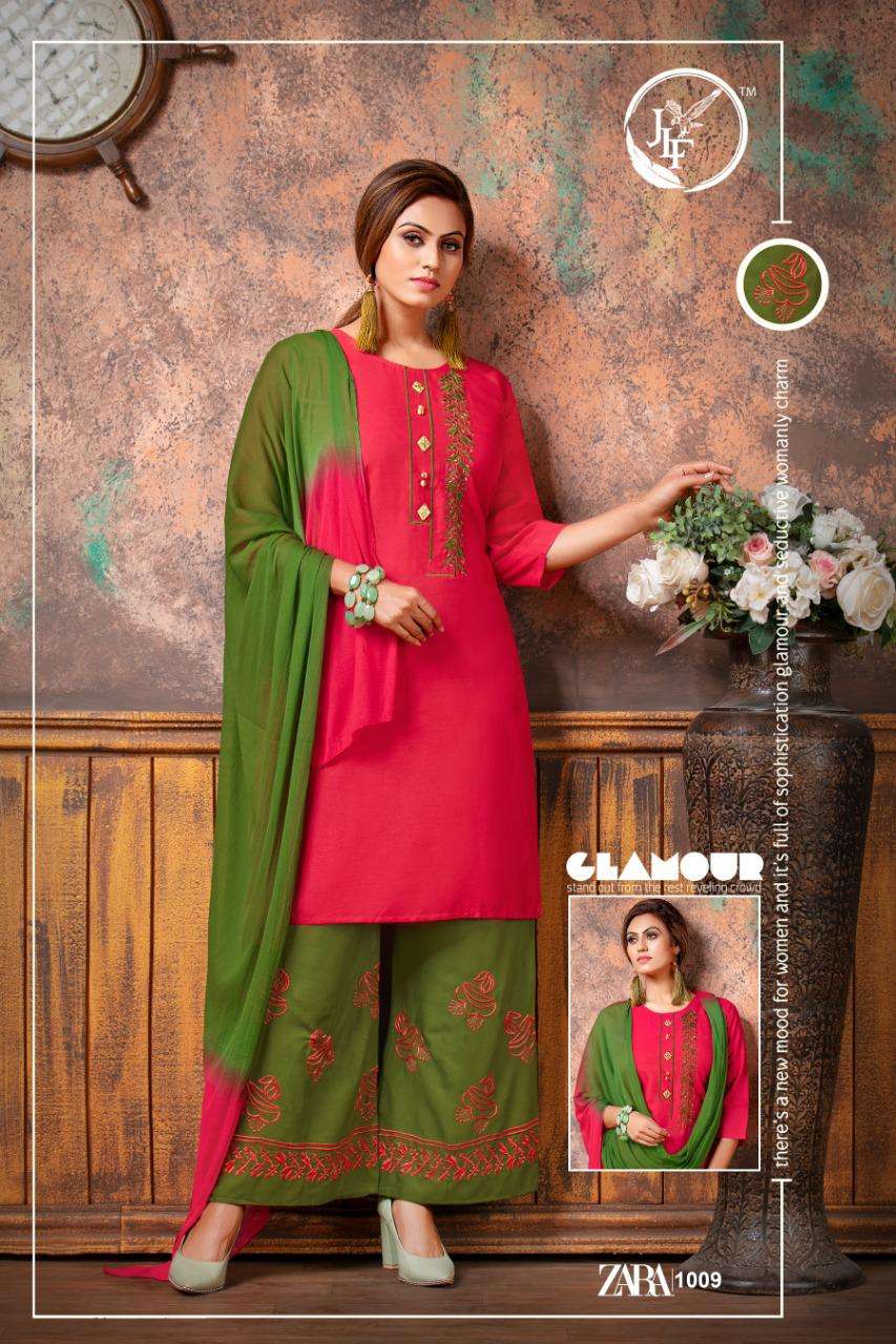 ZARA BY JLF 1001 TO 1010 SERIES BEAUTIFUL SUITS STYLISH FANCY COLORFUL PARTY WEAR & OCCASIONAL WEAR RAYON 14 KG WITH EMBROIDERY DRESSES AT WHOLESALE PRICE