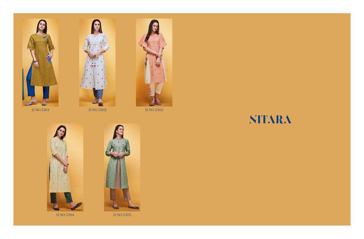 LAYLA BY NITARA 5301 TO 5305 SERIES STYLISH FANCY BEAUTIFUL COLORFUL CASUAL WEAR & ETHNIC WEAR COTTON LINEN PRINT KURTIS WITH BOTTOM AT WHOLESALE PRICE