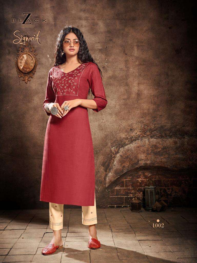 SIGNORIA BY Z BLACK 1001 TO 1006 SERIES BEAUTIFUL STYLISH FANCY COLORFUL CASUAL WEAR & ETHNIC WEAR RAYON SLUB EMBROIDERED KURTIS WITH BOTTOM AT WHOLESALE PRICE
