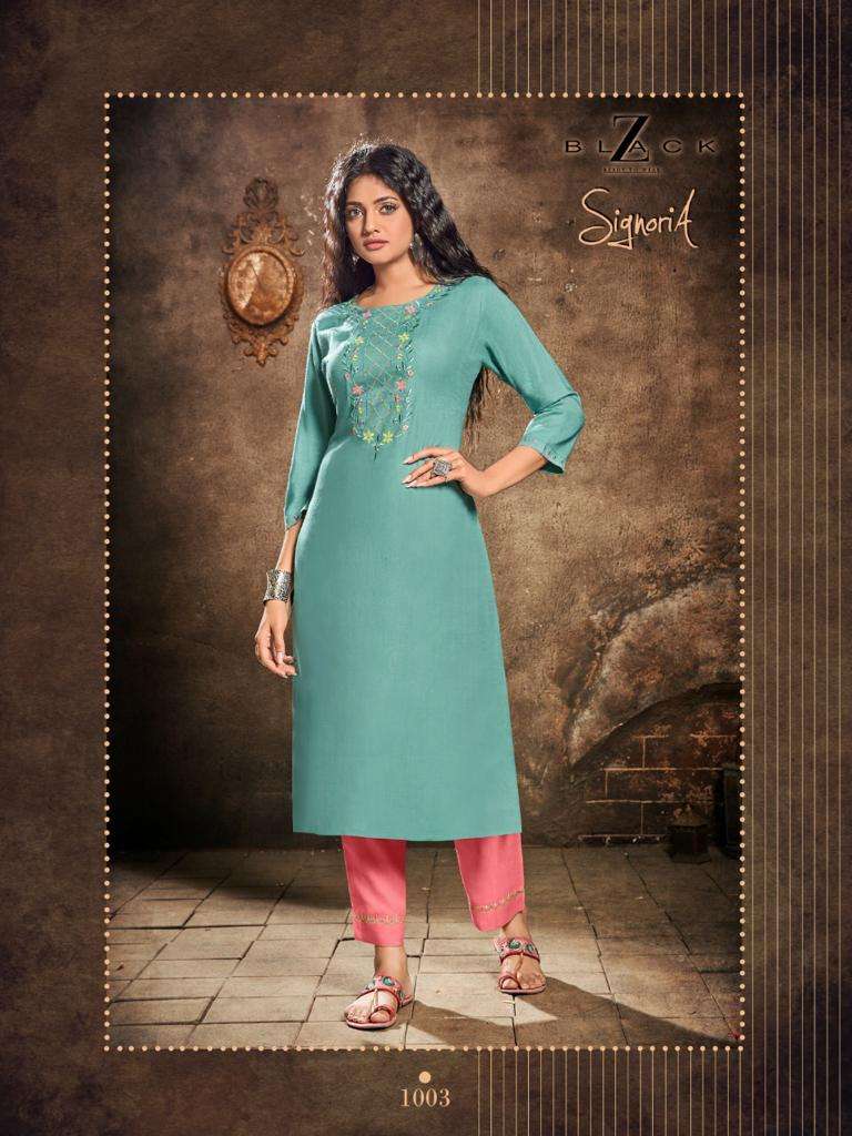 SIGNORIA BY Z BLACK 1001 TO 1006 SERIES BEAUTIFUL STYLISH FANCY COLORFUL CASUAL WEAR & ETHNIC WEAR RAYON SLUB EMBROIDERED KURTIS WITH BOTTOM AT WHOLESALE PRICE