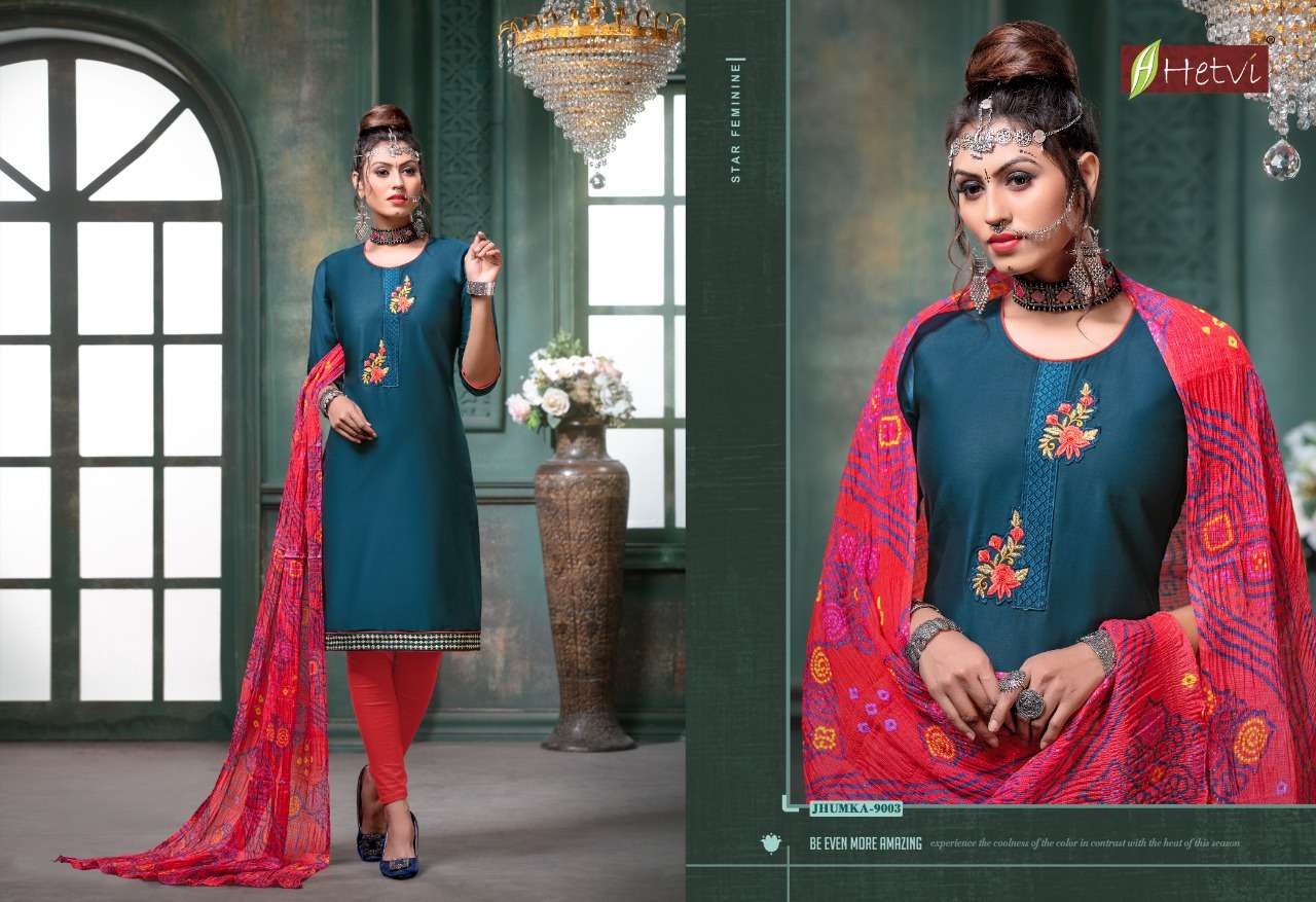 JHUMKA BY HETVI 9001 TO 9008 SERIES BEAUTIFUL SUITS COLORFUL STYLISH FANCY CASUAL WEAR & ETHNIC WEAR JAM SATIN DRESSES AT WHOLESALE PRICE