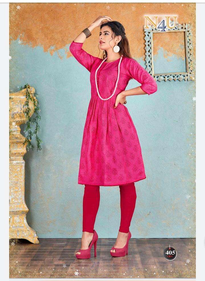 NURANI BY N4U 401 TO 405 SERIES BEAUTIFUL STYLISH FANCY COLORFUL CASUAL WEAR & ETHNIC WEAR COTTON SLUB IKKAT PRINTED KURTIS AT WHOLESALE PRICE