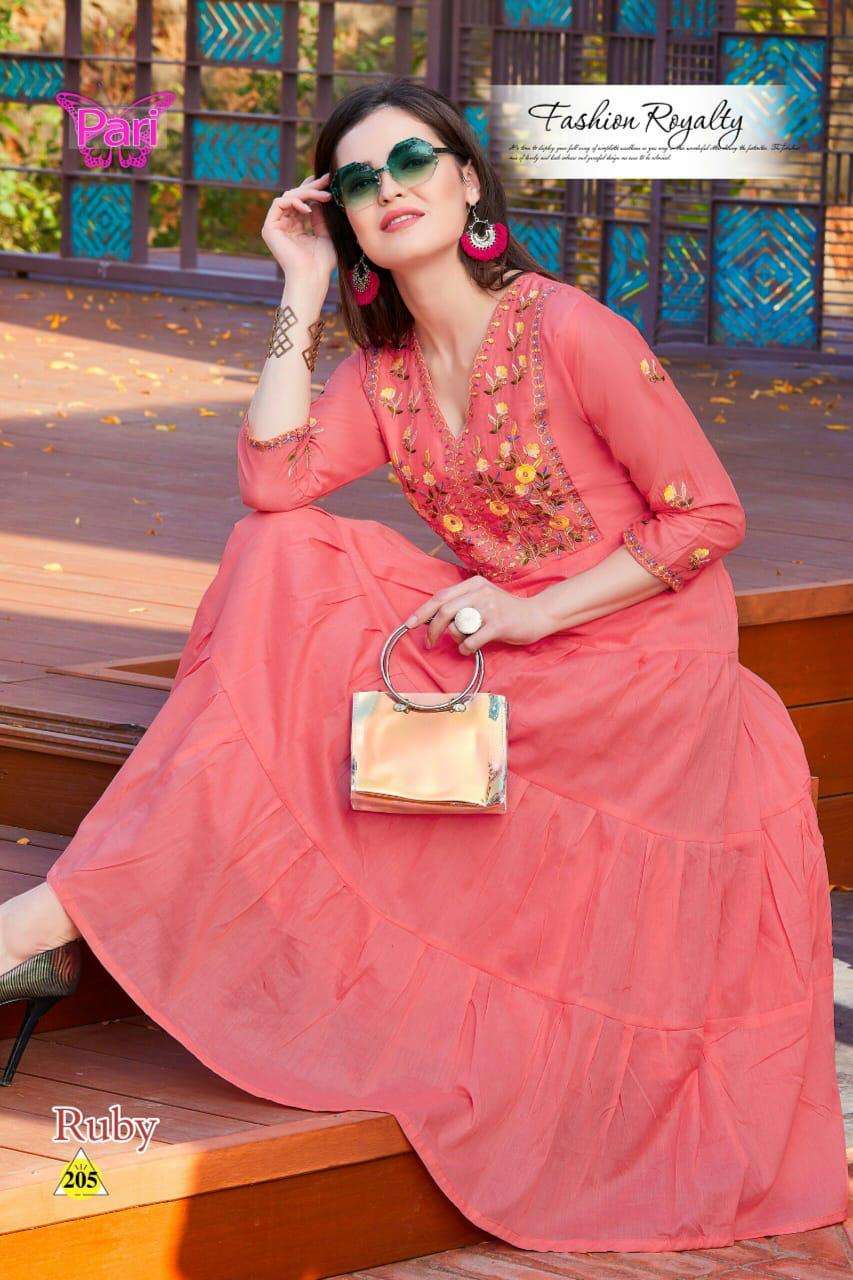 RUBY BY PARI 201 TO 208 SERIES DESIGNER BEAUTIFUL STYLISH FANCY COLORFUL PARTY WEAR & OCCASIONAL WEAR COTTON MAL GOWNS WITH DUPATTA AT WHOLESALE PRICE