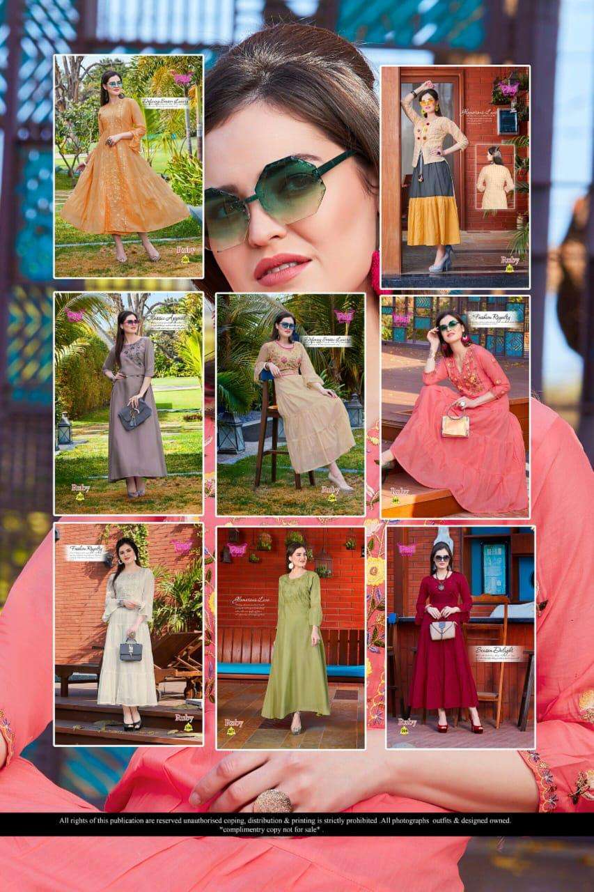 RUBY BY PARI 201 TO 208 SERIES DESIGNER BEAUTIFUL STYLISH FANCY COLORFUL PARTY WEAR & OCCASIONAL WEAR COTTON MAL GOWNS WITH DUPATTA AT WHOLESALE PRICE