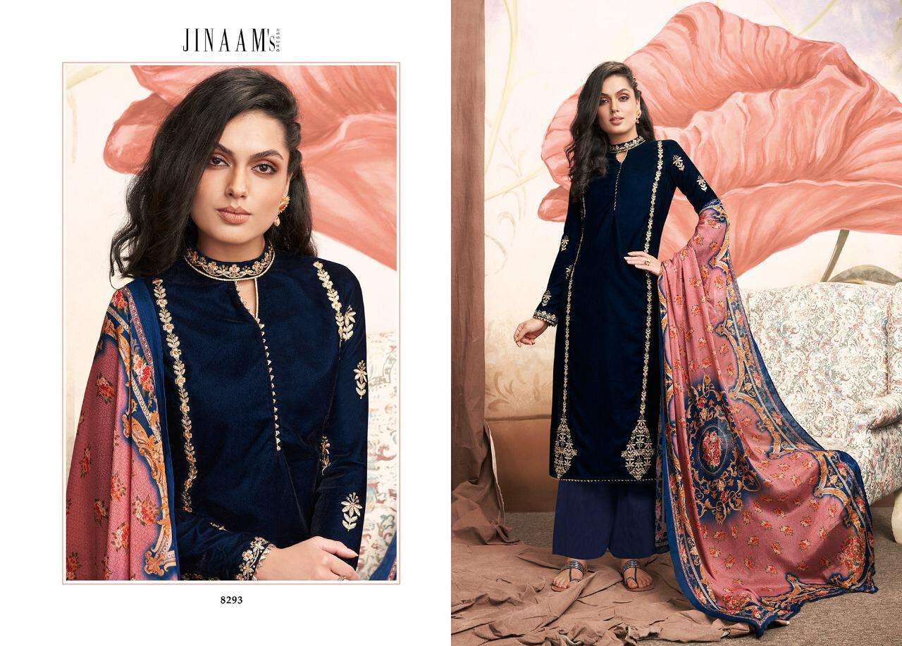 NILSA BY JINAAM DRESSES 8291 TO 8296 SERIES DESIGNER FESTIVE SUITS COLLECTION BEAUTIFUL STYLISH FANCY COLORFUL PARTY WEAR & OCCASIONAL WEAR DYED VELVET EMBROIDERED DRESSES AT WHOLESALE PRICE