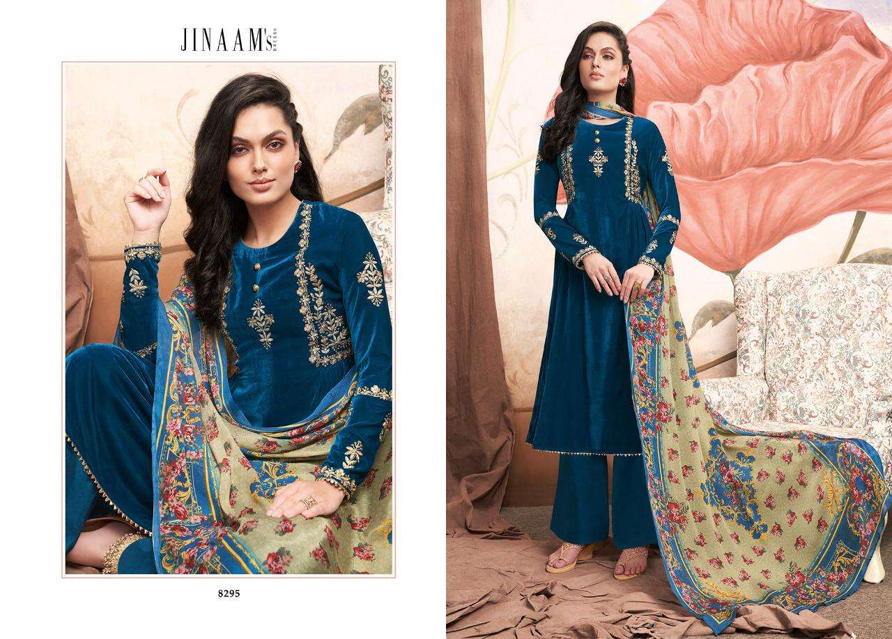 NILSA BY JINAAM DRESSES 8291 TO 8296 SERIES DESIGNER FESTIVE SUITS COLLECTION BEAUTIFUL STYLISH FANCY COLORFUL PARTY WEAR & OCCASIONAL WEAR DYED VELVET EMBROIDERED DRESSES AT WHOLESALE PRICE