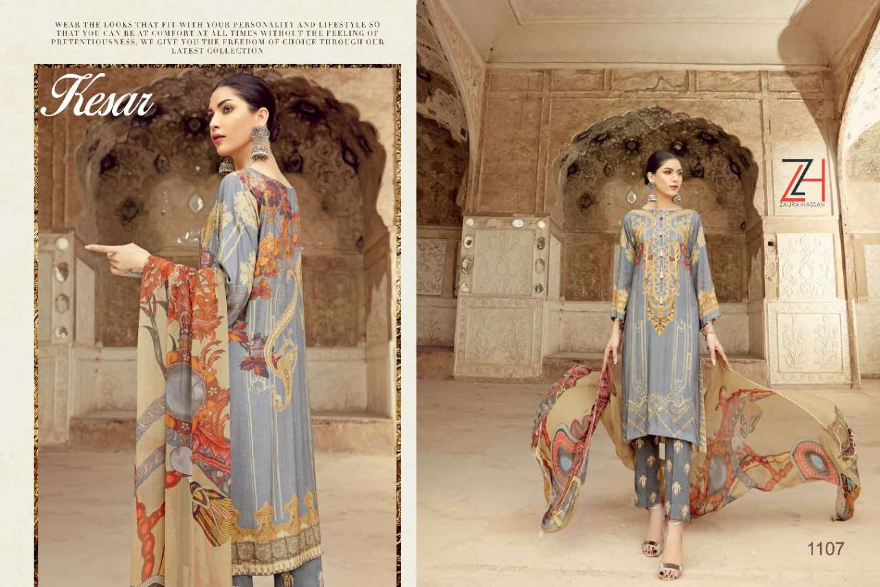 KESAR BY ZAURA HASSAN 1108 TO 1112 SERIES BEAUTIFUL COLORFUL STYLISH FANCY CASUAL WEAR & ETHNIC WEAR & READY TO WEAR PURE COTTON JAM PRINT WITH EMBROIDERY DRESSES AT WHOLESALE PRICE