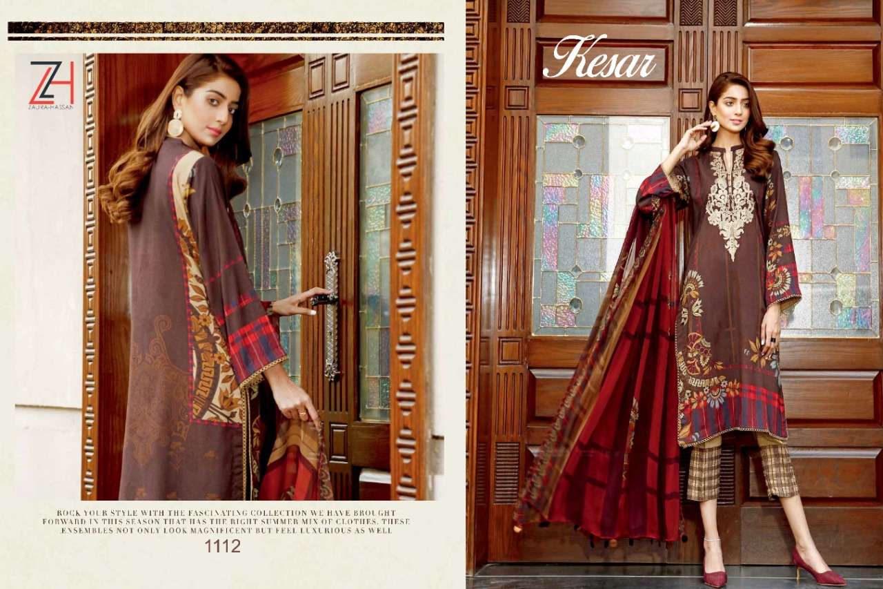 KESAR BY ZAURA HASSAN 1108 TO 1112 SERIES BEAUTIFUL COLORFUL STYLISH FANCY CASUAL WEAR & ETHNIC WEAR & READY TO WEAR PURE COTTON JAM PRINT WITH EMBROIDERY DRESSES AT WHOLESALE PRICE