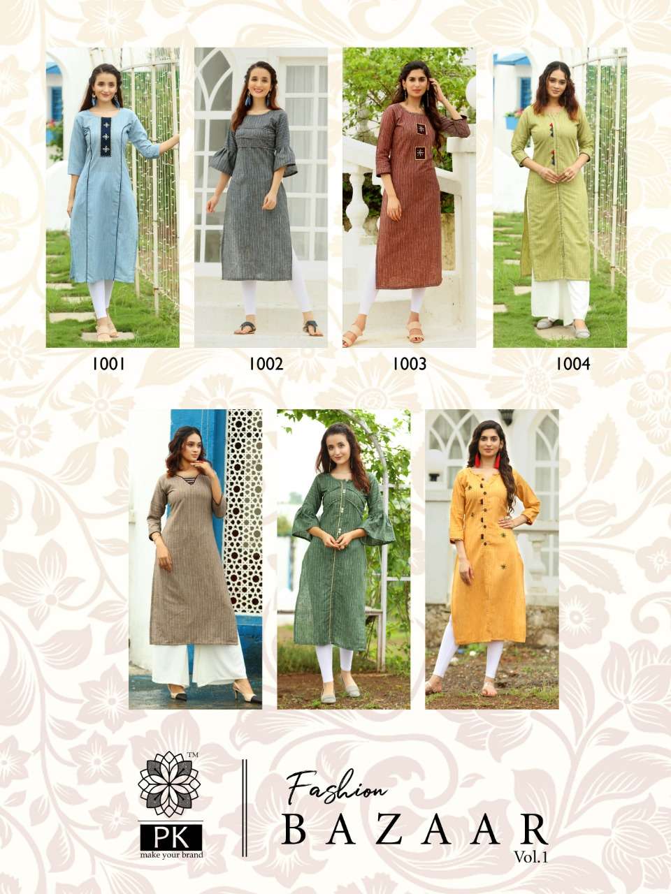 FASHION BAZAAR VOL-1 BY PK 1001 TO 1007 SERIES BEAUTIFUL STYLISH FANCY COLORFUL CASUAL WEAR & ETHNIC WEAR FANCY LINEN JACQUARD WEAVED MANUAL WORK KURTIS AT WHOLESALE PRICE