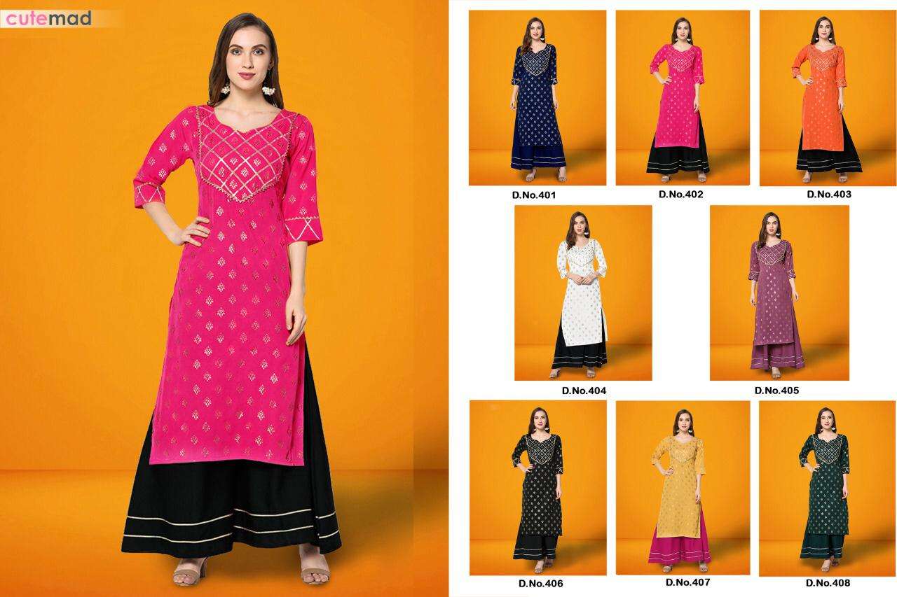 CUTEMADE VOL-4 BY KESARI EXPORTS 401 TO 408 SERIES BEAUTIFUL STYLISH FANCY COLORFUL CASUAL WEAR & ETHNIC WEAR AMERICAN CREPE KURTIS WITH BOTTOM AT WHOLESALE PRICE