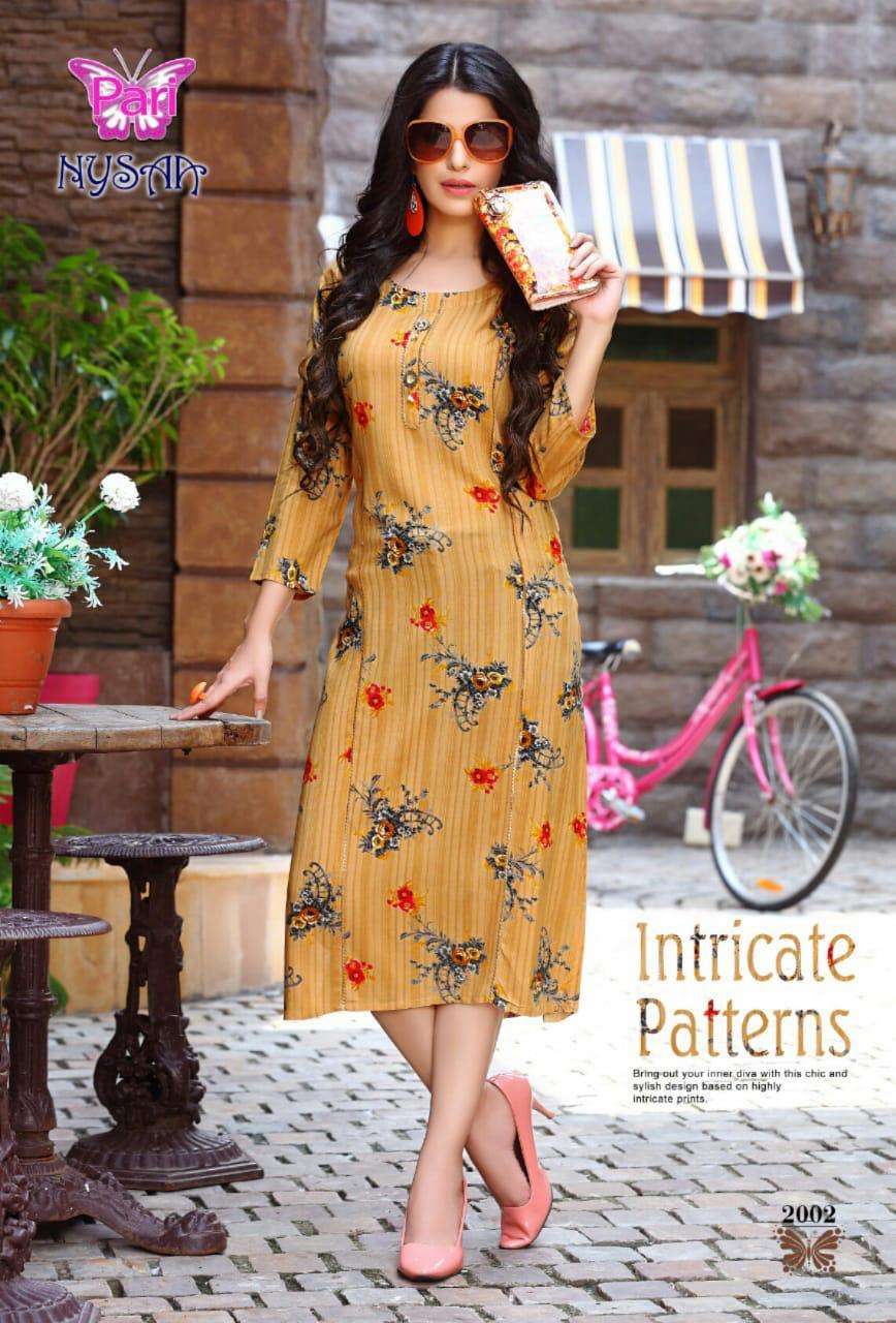 NYSAA VOL-2 BY PARI 2001 TO 2008 SERIES BEAUTIFUL STYLISH FANCY COLORFUL CASUAL WEAR & ETHNIC WEAR RAYON 14 KG PRINTED KURTIS AT WHOLESALE PRICE