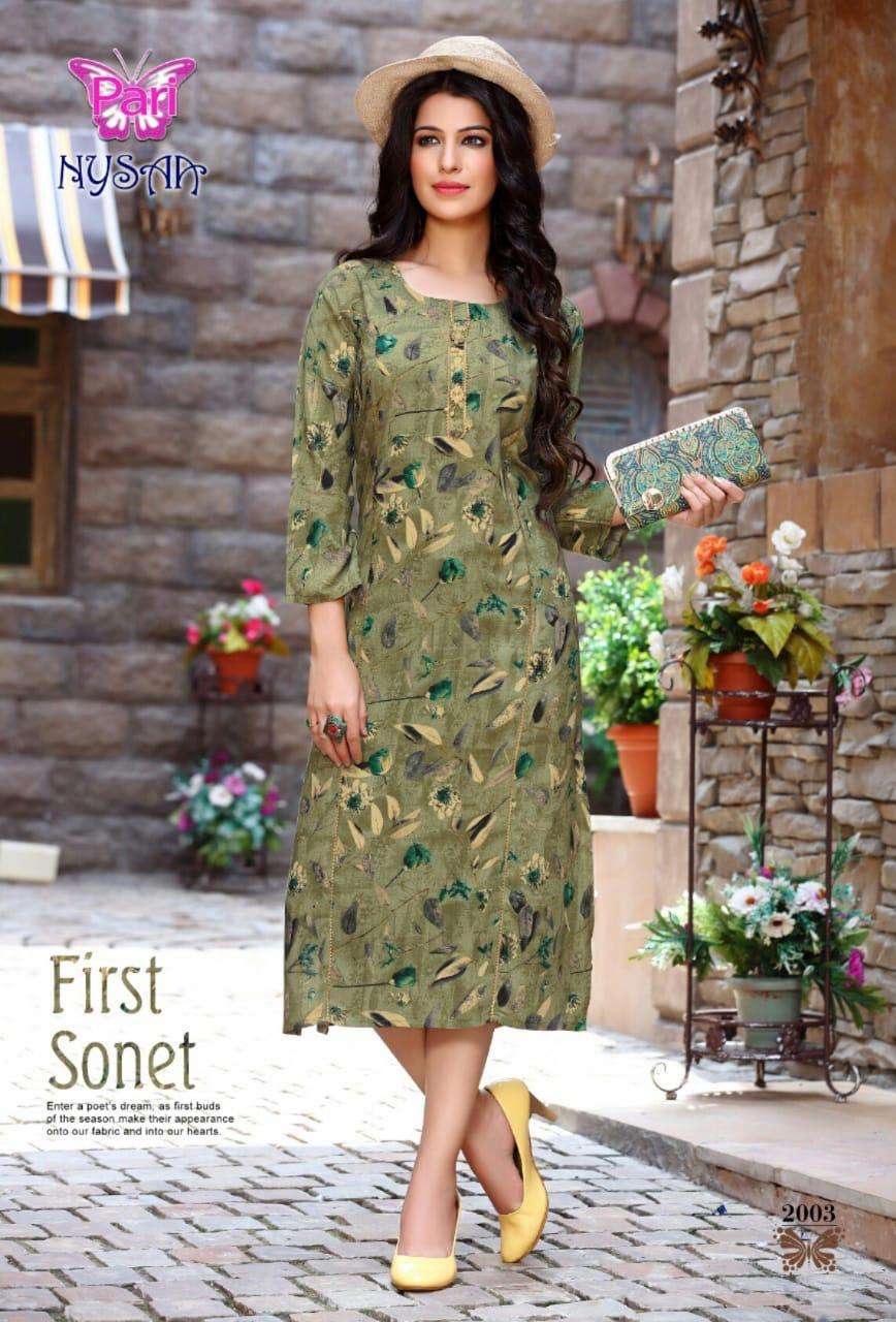 NYSAA VOL-2 BY PARI 2001 TO 2008 SERIES BEAUTIFUL STYLISH FANCY COLORFUL CASUAL WEAR & ETHNIC WEAR RAYON 14 KG PRINTED KURTIS AT WHOLESALE PRICE