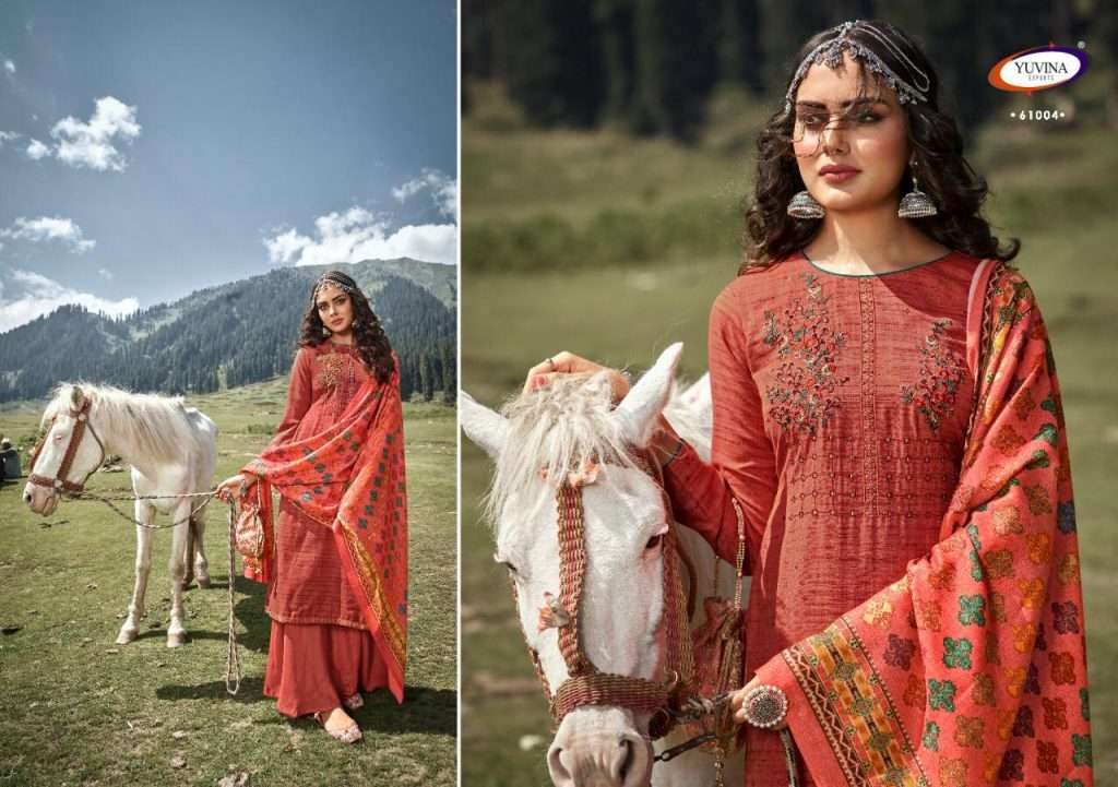 WINTER AURA BY YUVINA EXPORTS 61001 TO 61008 SERIES BEAUTIFUL SUITS STYLISH FANCY COLORFUL CASUAL WEAR & ETHNIC WEAR TOP DYED SHADARI WITH EMBROIDERY DRESSES AT WHOLESALE PRICE