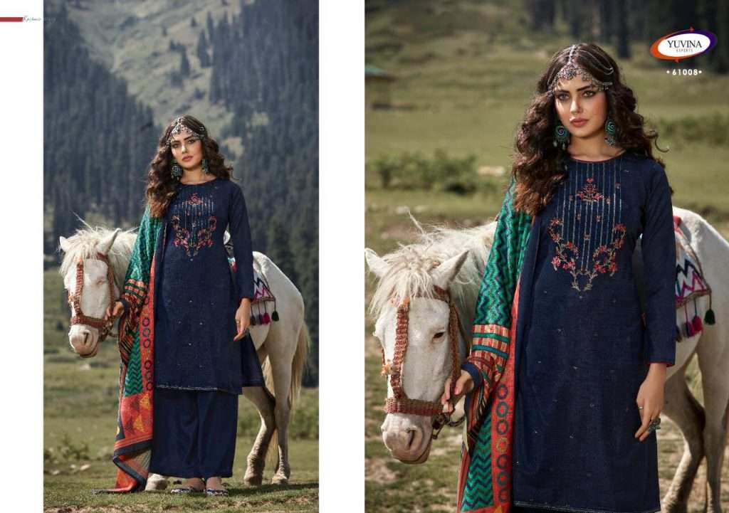 WINTER AURA BY YUVINA EXPORTS 61001 TO 61008 SERIES BEAUTIFUL SUITS STYLISH FANCY COLORFUL CASUAL WEAR & ETHNIC WEAR TOP DYED SHADARI WITH EMBROIDERY DRESSES AT WHOLESALE PRICE