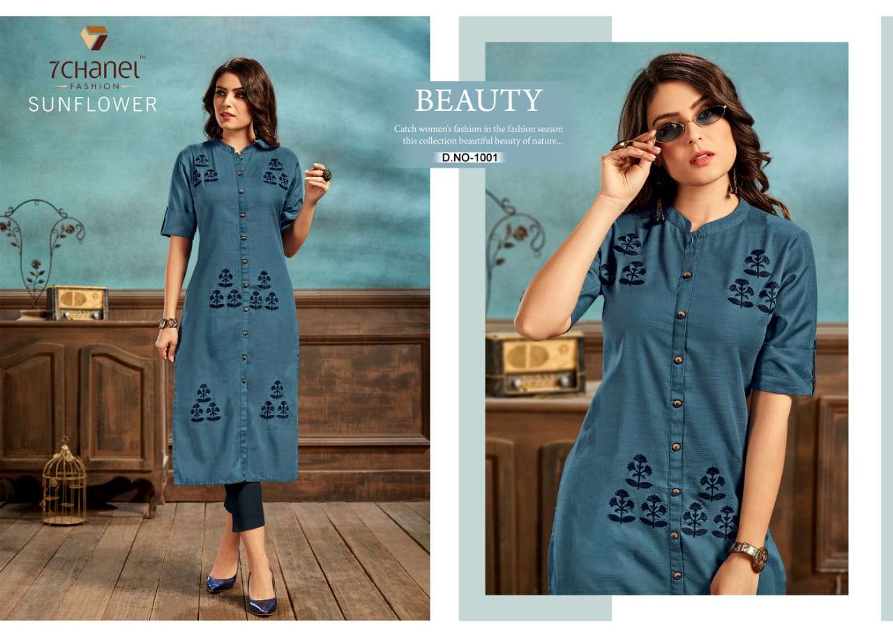 SUNFLOWER BY 7 CHANEL 1001 TO 1006 SERIES BEAUTIFUL STYLISH FANCY COLORFUL CASUAL WEAR & ETHNIC WEAR  COTTON EMBROIDERED KURTIS AT WHOLESALE PRICE