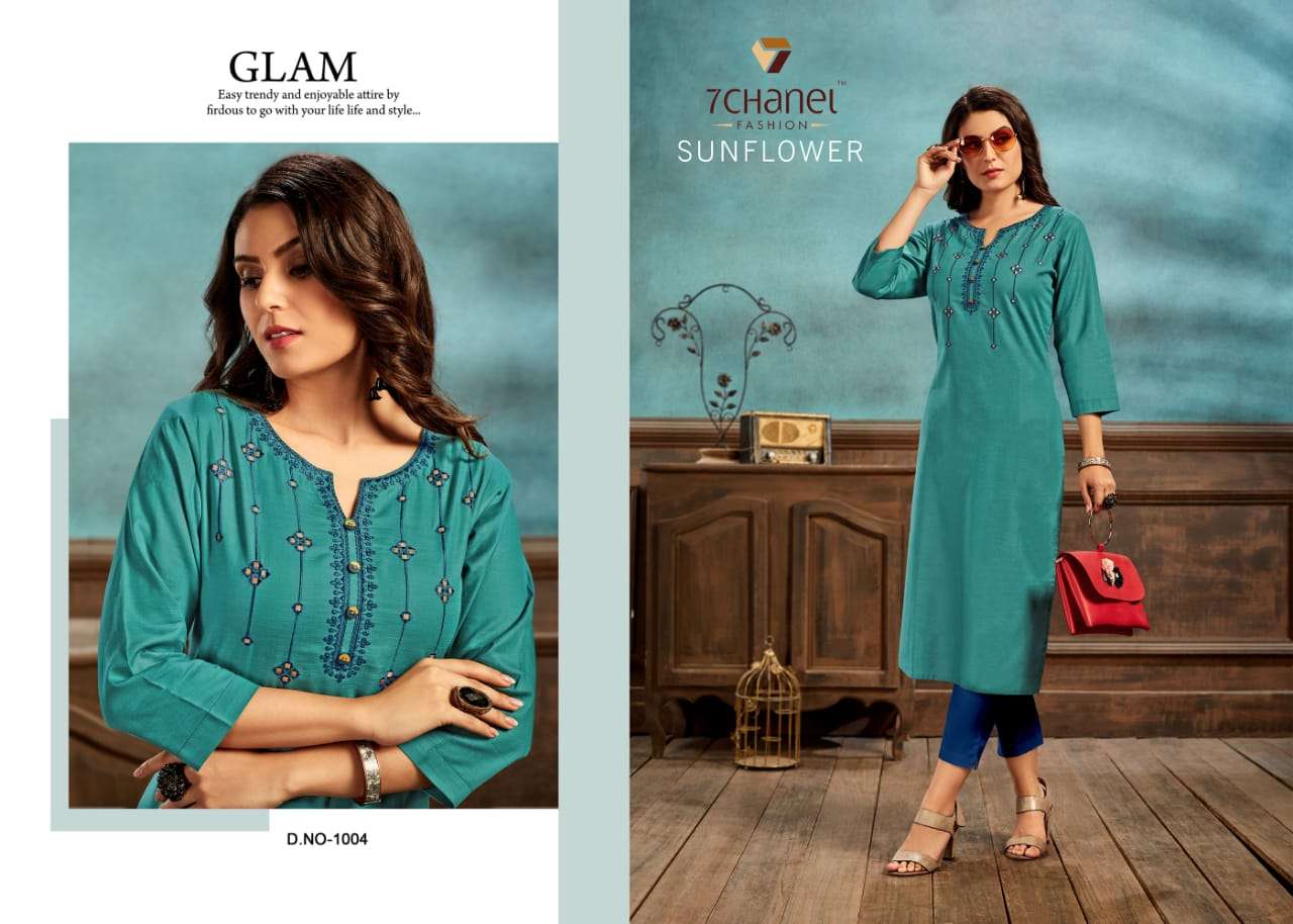 SUNFLOWER BY 7 CHANEL 1001 TO 1006 SERIES BEAUTIFUL STYLISH FANCY COLORFUL CASUAL WEAR & ETHNIC WEAR  COTTON EMBROIDERED KURTIS AT WHOLESALE PRICE