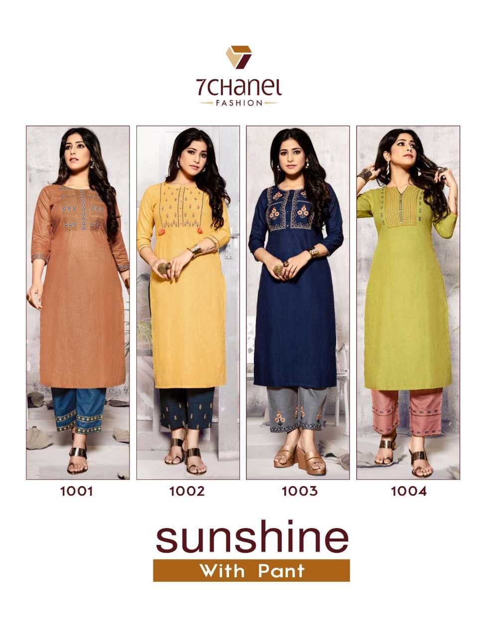 SUNSHINE WITH PANTS BY 7 CHANEL 1001 TO 1004 SERIES BEAUTIFUL STYLISH FANCY COLORFUL CASUAL WEAR & ETHNIC WEAR PURE COTTON PRINTED KURTIS AT WHOLESALE PRICE