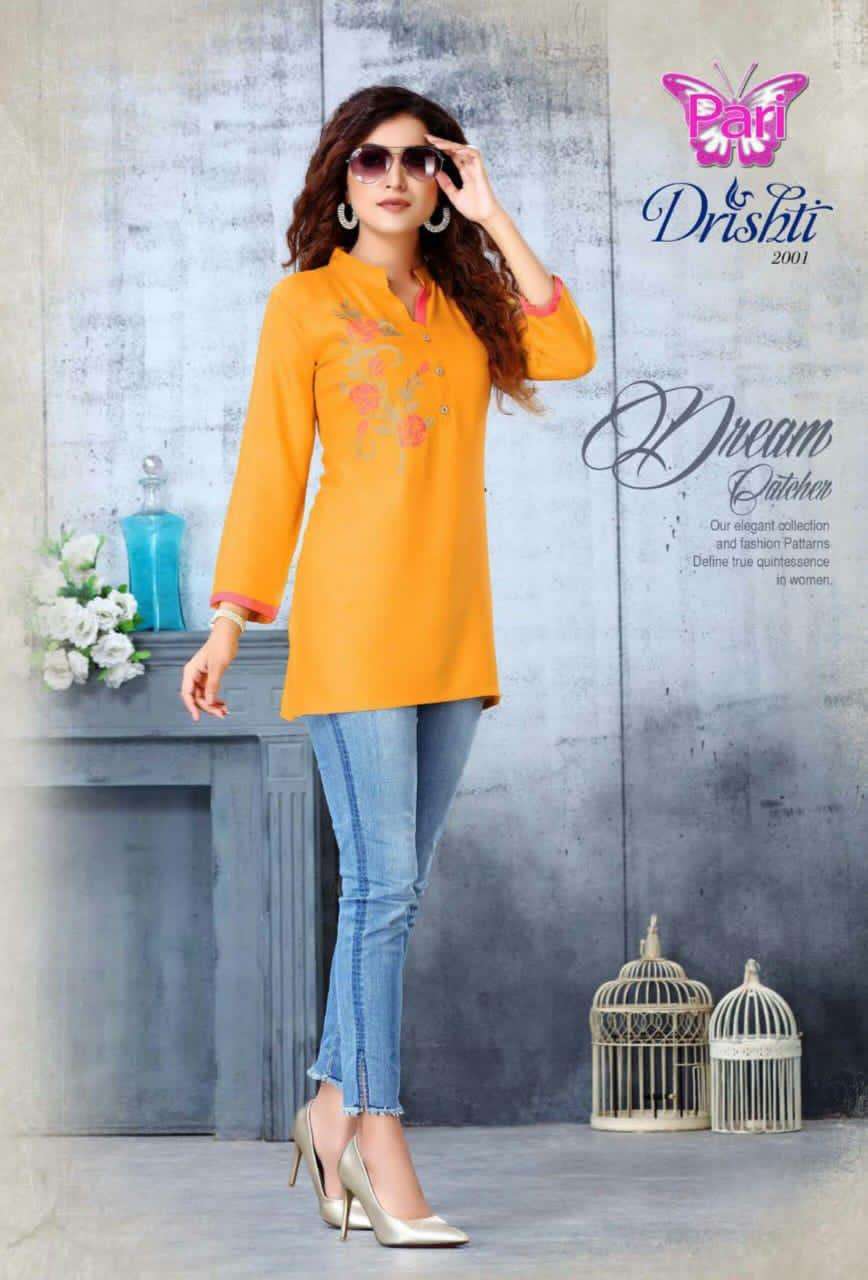 DRISHTI VOL-2 BY PARI 1001 TO 1008 SERIES BEAUTIFUL STYLISH FANCY COLORFUL CASUAL WEAR & ETHNIC WEAR RAYON TWILL 18 KG PRINTED KURTIS AT WHOLESALE PRICE