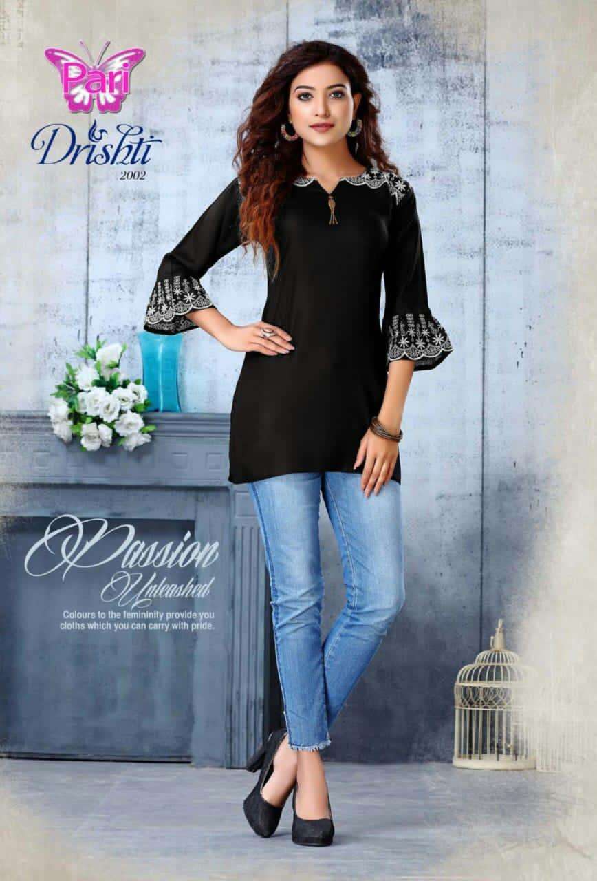 DRISHTI VOL-2 BY PARI 1001 TO 1008 SERIES BEAUTIFUL STYLISH FANCY COLORFUL CASUAL WEAR & ETHNIC WEAR RAYON TWILL 18 KG PRINTED KURTIS AT WHOLESALE PRICE