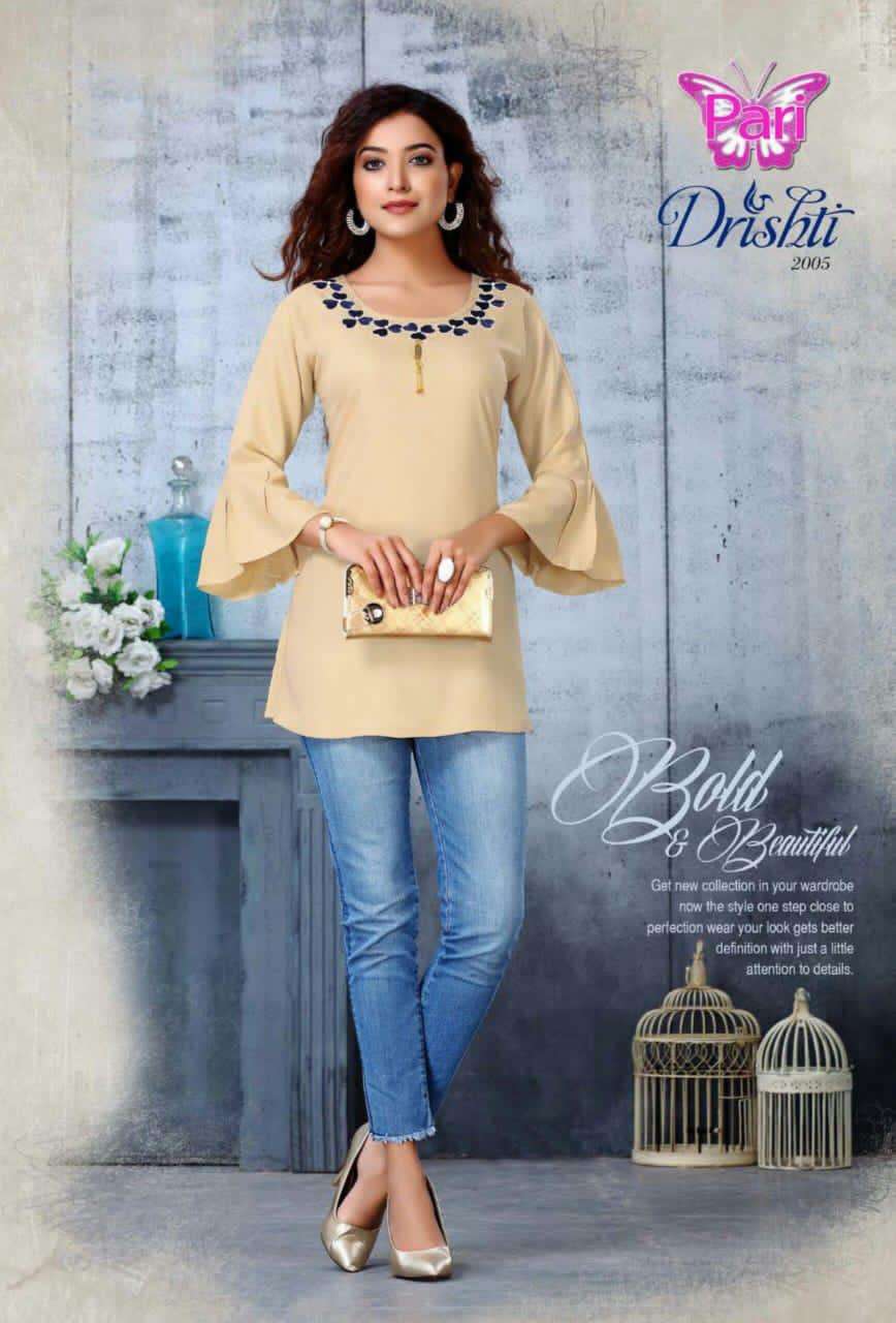 DRISHTI VOL-2 BY PARI 1001 TO 1008 SERIES BEAUTIFUL STYLISH FANCY COLORFUL CASUAL WEAR & ETHNIC WEAR RAYON TWILL 18 KG PRINTED KURTIS AT WHOLESALE PRICE