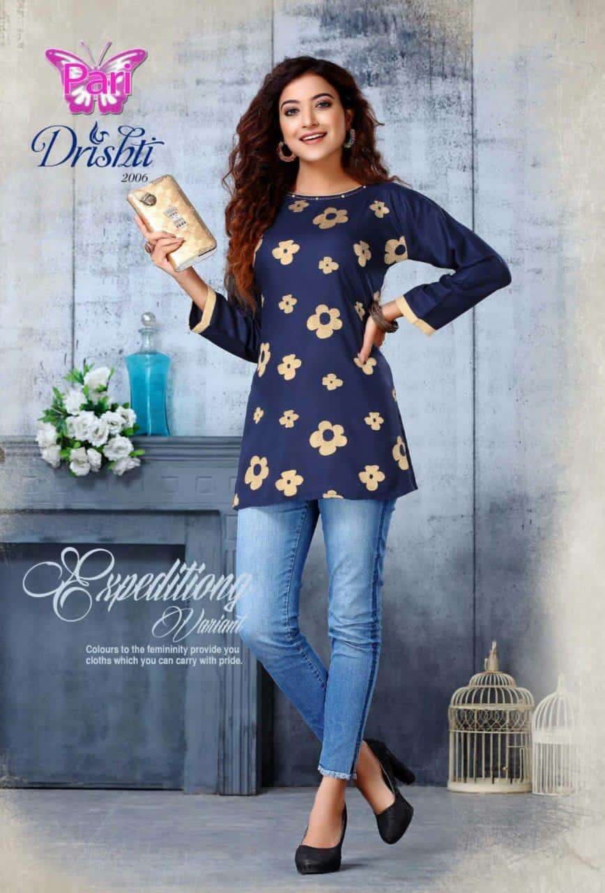 DRISHTI VOL-2 BY PARI 1001 TO 1008 SERIES BEAUTIFUL STYLISH FANCY COLORFUL CASUAL WEAR & ETHNIC WEAR RAYON TWILL 18 KG PRINTED KURTIS AT WHOLESALE PRICE