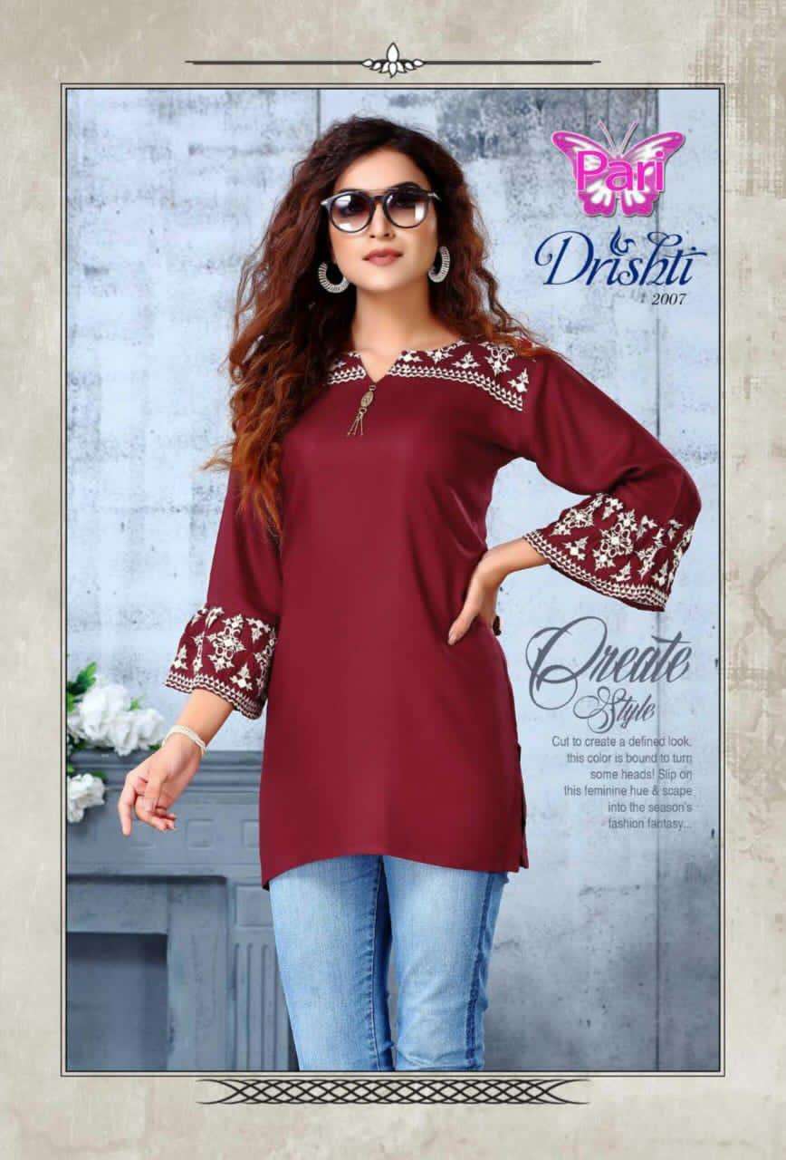 DRISHTI VOL-2 BY PARI 1001 TO 1008 SERIES BEAUTIFUL STYLISH FANCY COLORFUL CASUAL WEAR & ETHNIC WEAR RAYON TWILL 18 KG PRINTED KURTIS AT WHOLESALE PRICE