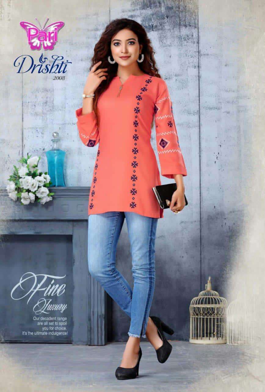 DRISHTI VOL-2 BY PARI 1001 TO 1008 SERIES BEAUTIFUL STYLISH FANCY COLORFUL CASUAL WEAR & ETHNIC WEAR RAYON TWILL 18 KG PRINTED KURTIS AT WHOLESALE PRICE