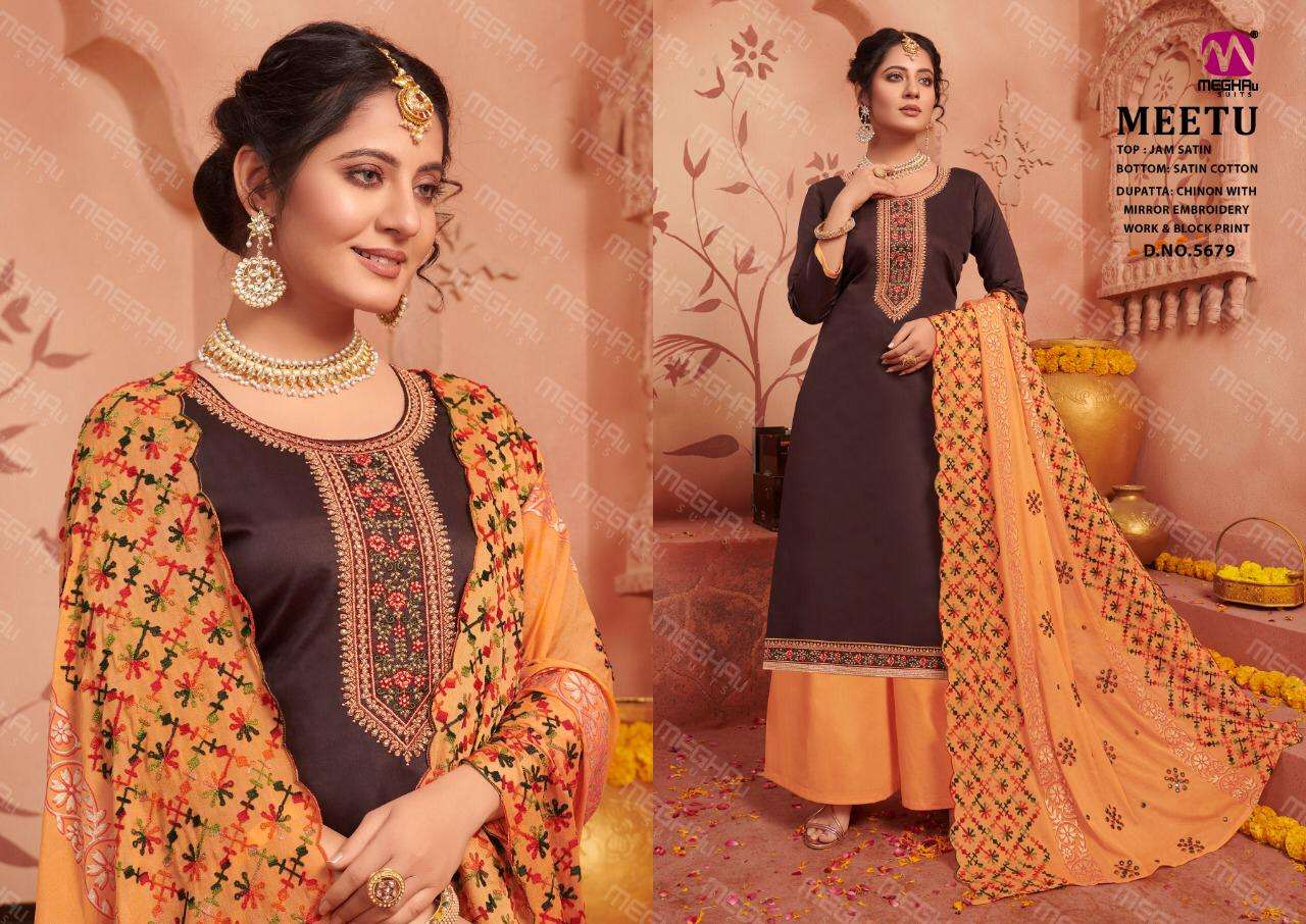 MEETU BY MEGHALI SUITS 5679 TO 5684 SERIES BEAUTIFUL SUITS STYLISH COLORFUL FANCY CASUAL WEAR & ETHNIC WEAR JAM SATIN WITH EMBROIDERY DRESSES AT WHOLESALE PRICE