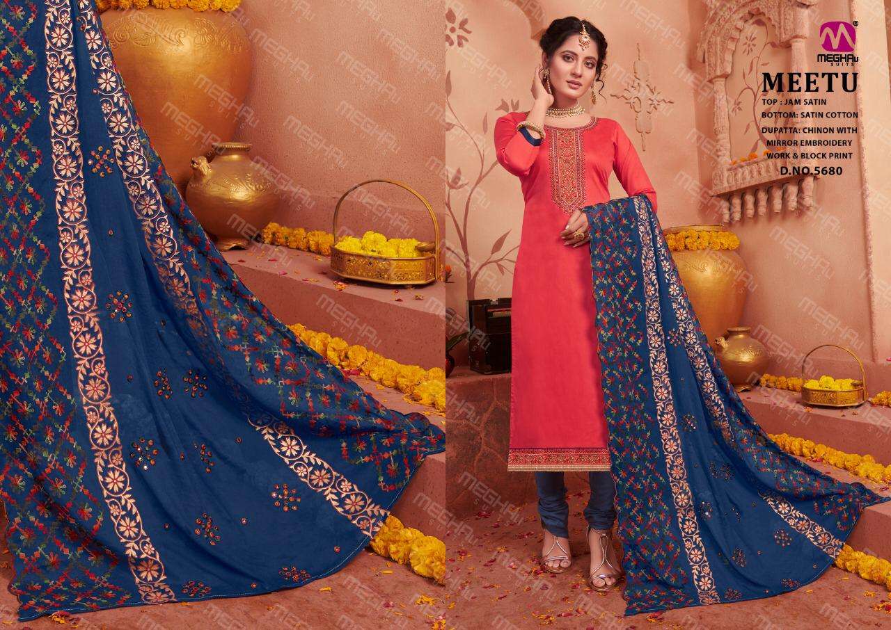 MEETU BY MEGHALI SUITS 5679 TO 5684 SERIES BEAUTIFUL SUITS STYLISH COLORFUL FANCY CASUAL WEAR & ETHNIC WEAR JAM SATIN WITH EMBROIDERY DRESSES AT WHOLESALE PRICE