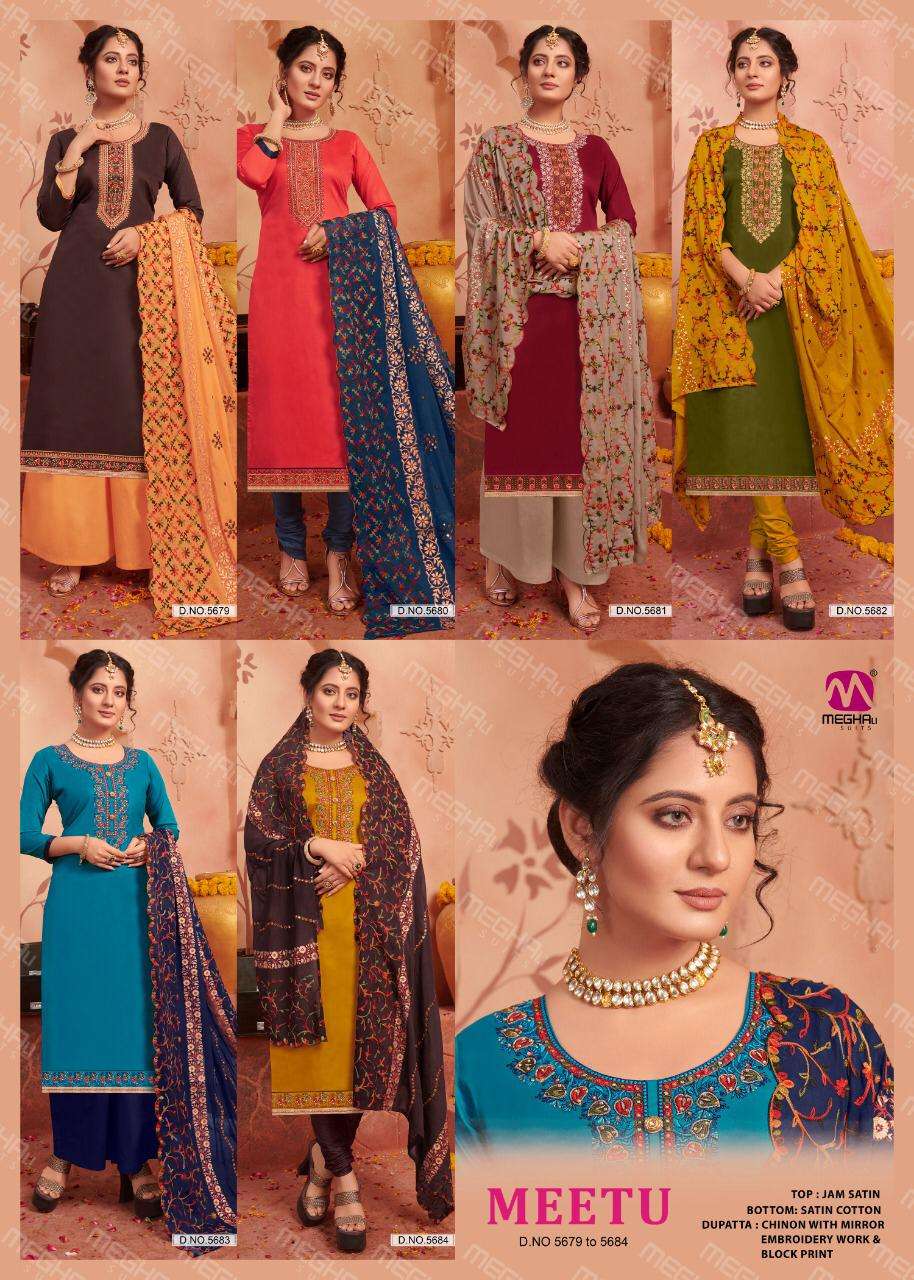 MEETU BY MEGHALI SUITS 5679 TO 5684 SERIES BEAUTIFUL SUITS STYLISH COLORFUL FANCY CASUAL WEAR & ETHNIC WEAR JAM SATIN WITH EMBROIDERY DRESSES AT WHOLESALE PRICE