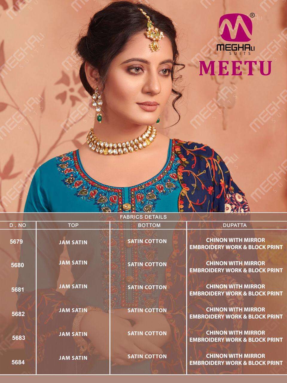 MEETU BY MEGHALI SUITS 5679 TO 5684 SERIES BEAUTIFUL SUITS STYLISH COLORFUL FANCY CASUAL WEAR & ETHNIC WEAR JAM SATIN WITH EMBROIDERY DRESSES AT WHOLESALE PRICE