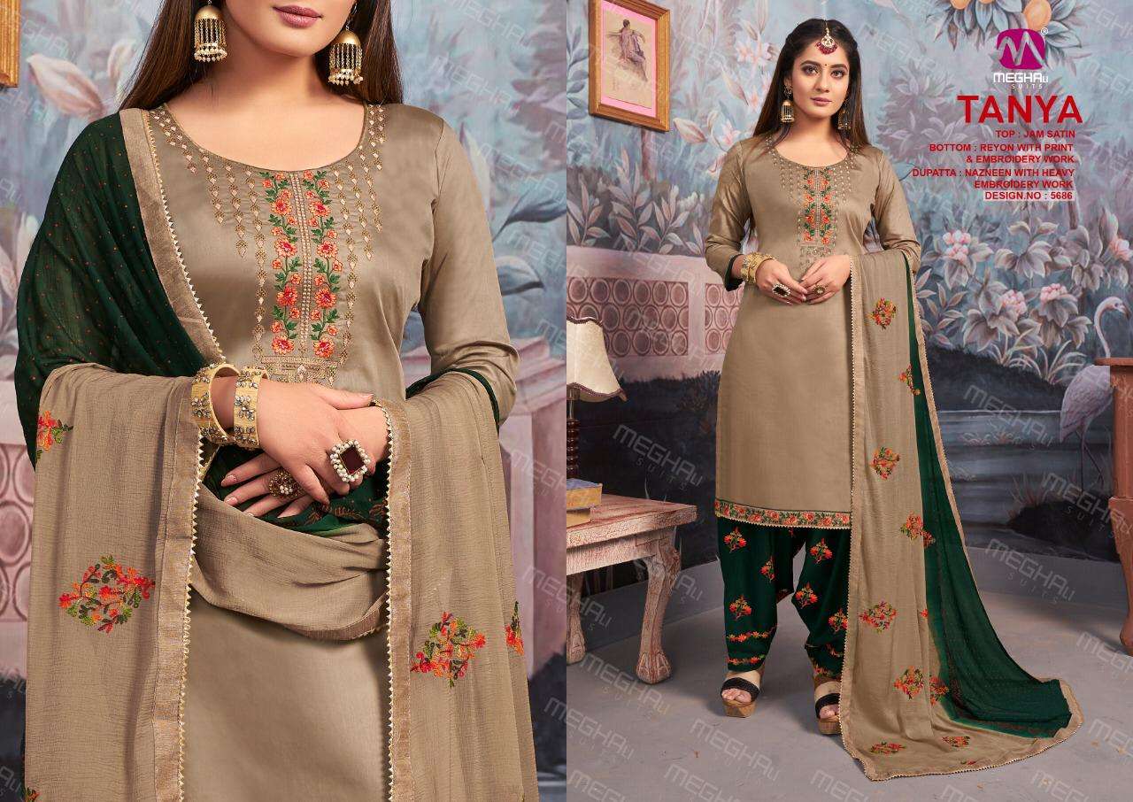 TANYA BY MEGHALI SUITS 5685 TO 5690 SERIES BEAUTIFUL SUITS STYLISH COLORFUL FANCY CASUAL WEAR & ETHNIC WEAR JAM SATIN WITH EMBROIDERY DRESSES AT WHOLESALE PRICE