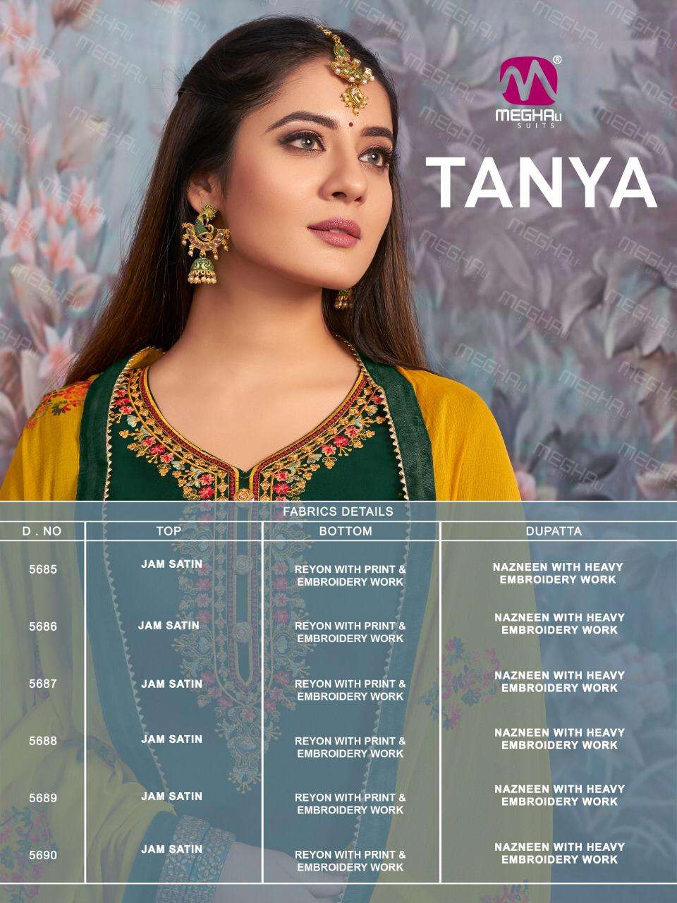 TANYA BY MEGHALI SUITS 5685 TO 5690 SERIES BEAUTIFUL SUITS STYLISH COLORFUL FANCY CASUAL WEAR & ETHNIC WEAR JAM SATIN WITH EMBROIDERY DRESSES AT WHOLESALE PRICE
