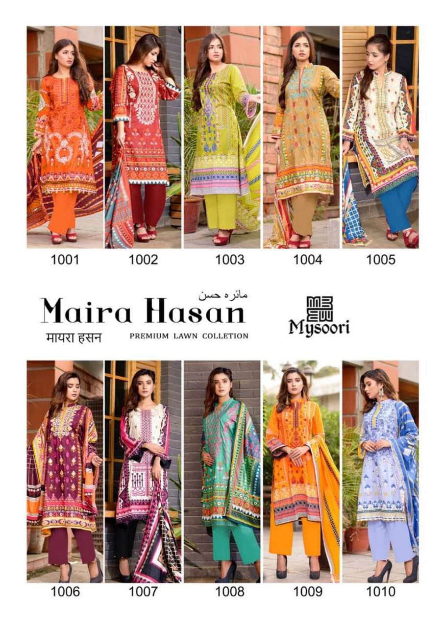 MAIRA HASAN BY MYSOORI 1001 TO 1010 SERIES BEAUTIFUL SUITS STYLISH COLORFUL FANCY CASUAL WEAR & ETHNIC WEAR PURE LAWN COTTON PRINTED DRESSES AT WHOLESALE PRICE