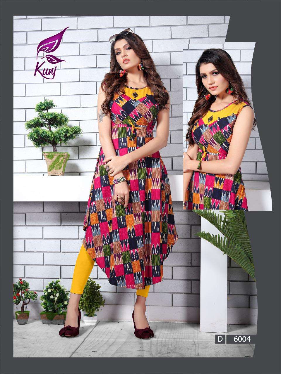 UREB VOL-6 BY KUNJ 6001 TO 6010 SERIES BEAUTIFUL STYLISH COLORFUL FANCY PARTY WEAR & ETHNIC WEAR & READY TO WEAR RAYON 14 KG PRINTED KURTIS AT WHOLESALE PRICE