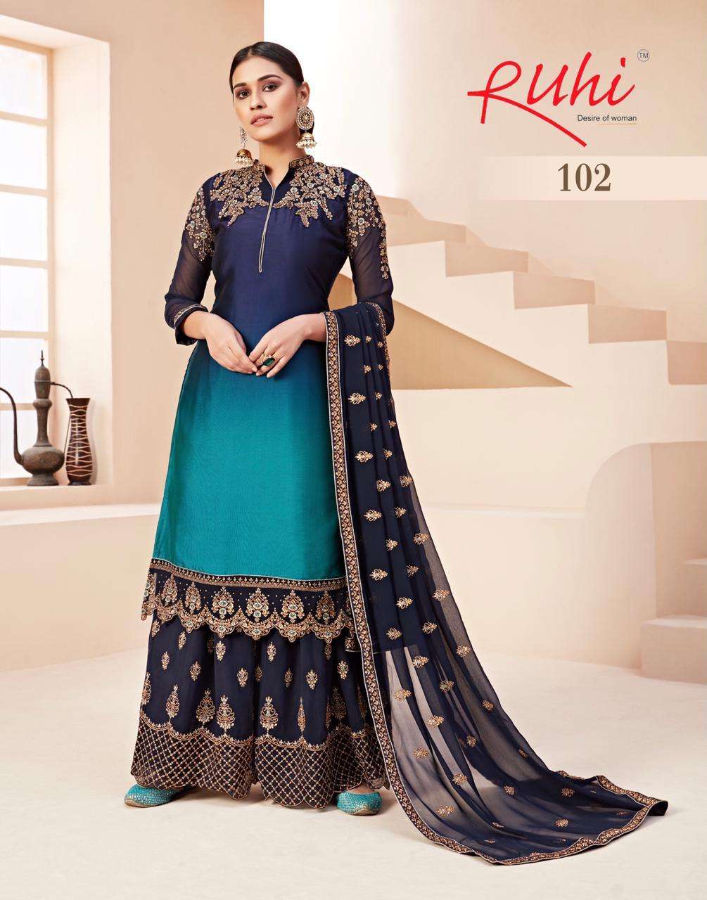 DESIRE OF WOMEN BY RUHI 101 TO 105 SERIES BEAUTIFUL STYLISH FANCY COLORFUL CASUAL WEAR & ETHNIC WEAR & READY TO WEAR SATIN GEORGETTE/RANGOLI WITH EMBROIDERY DRESSES AT WHOLESALE PRICE