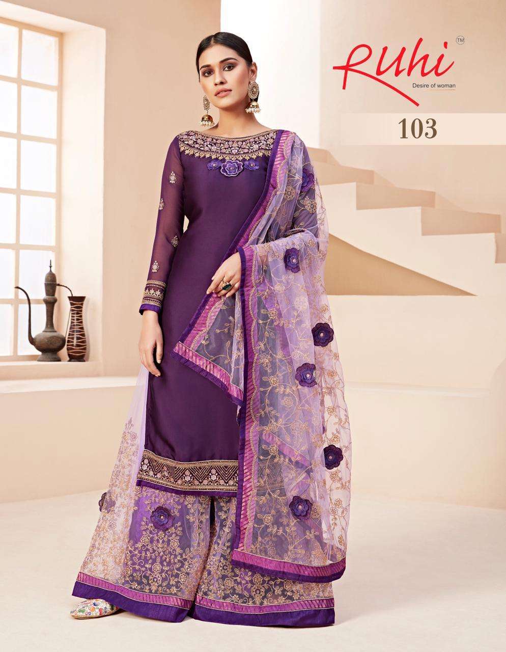 DESIRE OF WOMEN BY RUHI 101 TO 105 SERIES BEAUTIFUL STYLISH FANCY COLORFUL CASUAL WEAR & ETHNIC WEAR & READY TO WEAR SATIN GEORGETTE/RANGOLI WITH EMBROIDERY DRESSES AT WHOLESALE PRICE