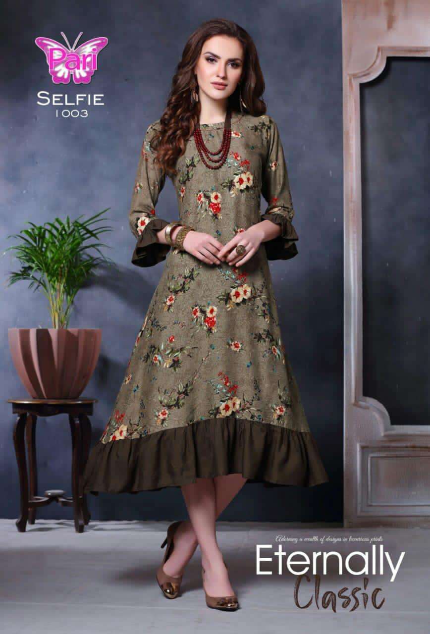 SELFIE BY PARI 1001 TO 1006 SERIES BEAUTIFUL STYLISH COLORFUL FANCY PARTY WEAR & ETHNIC WEAR & READY TO WEAR RAYON 14 KG PRINTED KURTIS AT WHOLESALE PRICE