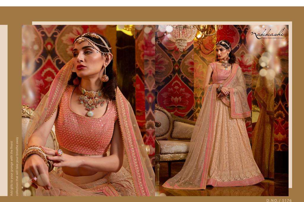 JASHN BY NAKKASHI 5173 TO 5183 SERIES BEAUTIFUL COLORFUL FANCY WEDDING COLLECTION OCCASIONAL WEAR & PARTY WEAR GREEN PURE RAW SILK LEHENGAS AT WHOLESALE PRICE