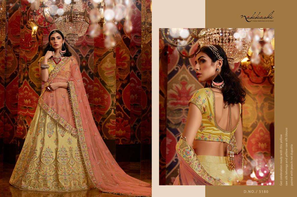 JASHN BY NAKKASHI 5173 TO 5183 SERIES BEAUTIFUL COLORFUL FANCY WEDDING COLLECTION OCCASIONAL WEAR & PARTY WEAR GREEN PURE RAW SILK LEHENGAS AT WHOLESALE PRICE