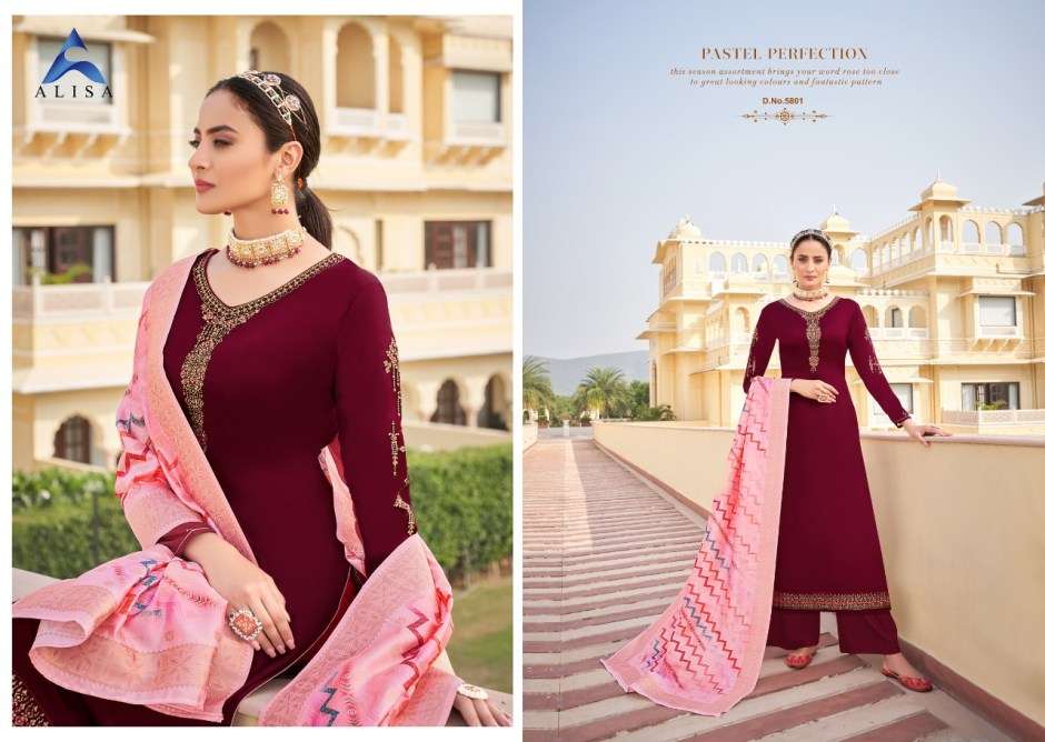 SUHAN VOL-5 BY ALISA 5801 TO 5806 SERIES BEAUTIFUL SUITS STYLISH FANCY COLORFUL CASUAL WEAR & ETHNIC WEAR SATIN GEORGETTE WITH HEAVY WORK DRESSES AT WHOLESALE PRICE