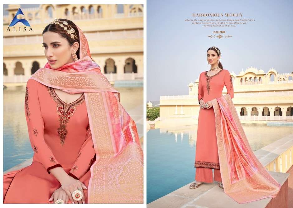 SUHAN VOL-5 BY ALISA 5801 TO 5806 SERIES BEAUTIFUL SUITS STYLISH FANCY COLORFUL CASUAL WEAR & ETHNIC WEAR SATIN GEORGETTE WITH HEAVY WORK DRESSES AT WHOLESALE PRICE