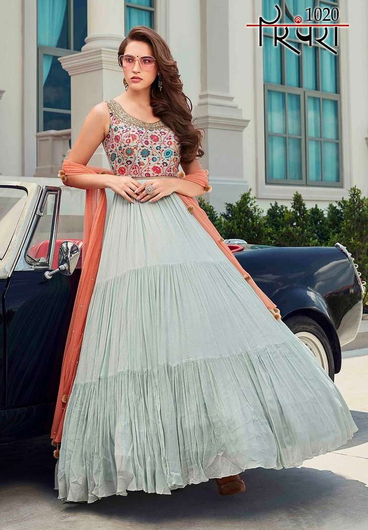 PARAMPRA VOL-4 BY PARAMPRA 1015 TO 1020 SERIES DESIGNER BEAUTIFUL STYLISH FANCY COLORFUL PARTY WEAR & OCCASIONAL WEAR FAUX GEORGETTE/CHINNON SILK/COTTON 14 KG GOWNS WITH DUPATTA AT WHOLESALE PRICE